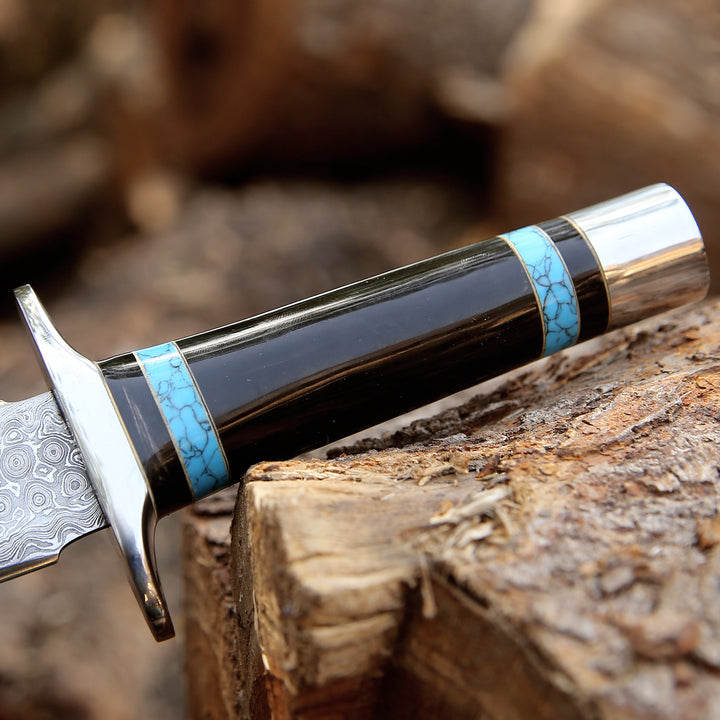 Oasis Damascus Hunting Fixed Blade Knife with Turquoise and Bull Horn Handle
