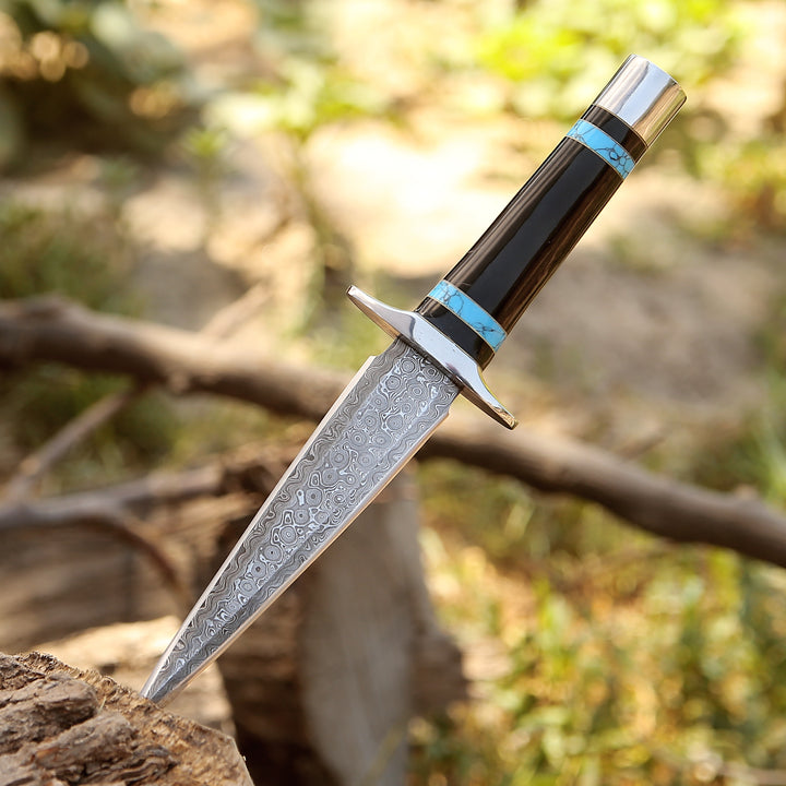 Damascus Knife - Oasis Damascus Hunting Fixed Blade Knife with Turquoise and Bull Horn Handle - Shokunin USA