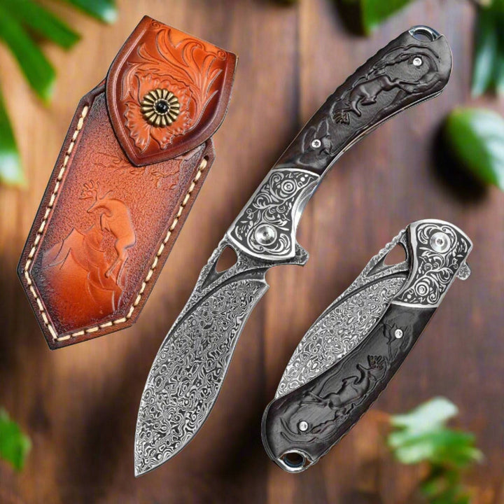 Multitool - Athena VG10 Handmade Damascus Pocket Knife with Clip & Exotic Ebony Wood Handle - Shokunin USA