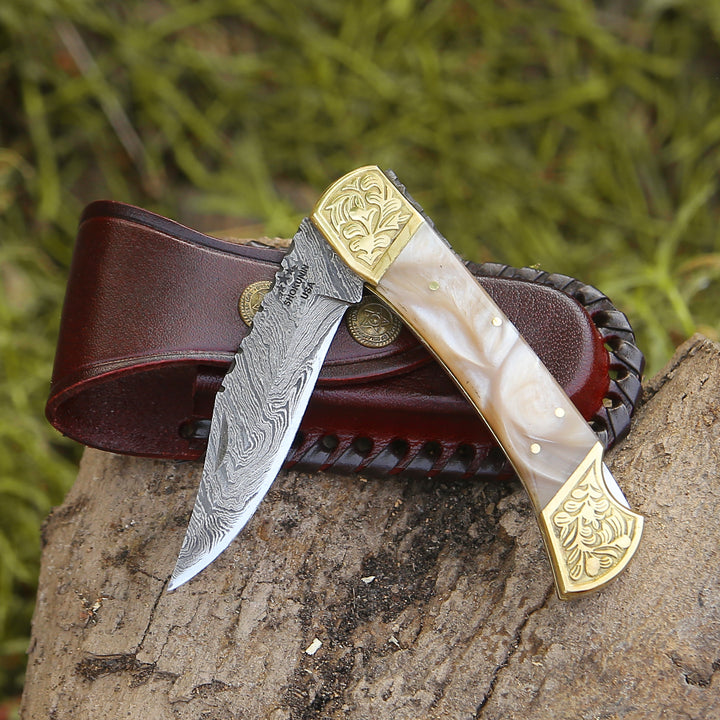 Damascus Pocket Knife - Thunderblade Handmade Damascus Pocket Knife with Leather Sheath & Mother of Pearl Resin - Shokunin USA