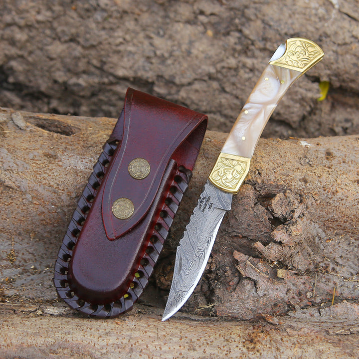 Thunderblade Handmade Damascus Pocket Knife with Leather Sheath & Mother of Pearl Resin