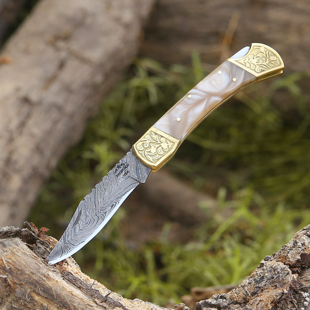 Thunderblade Handmade Damascus Pocket Knife with Leather Sheath & Mother of Pearl Resin