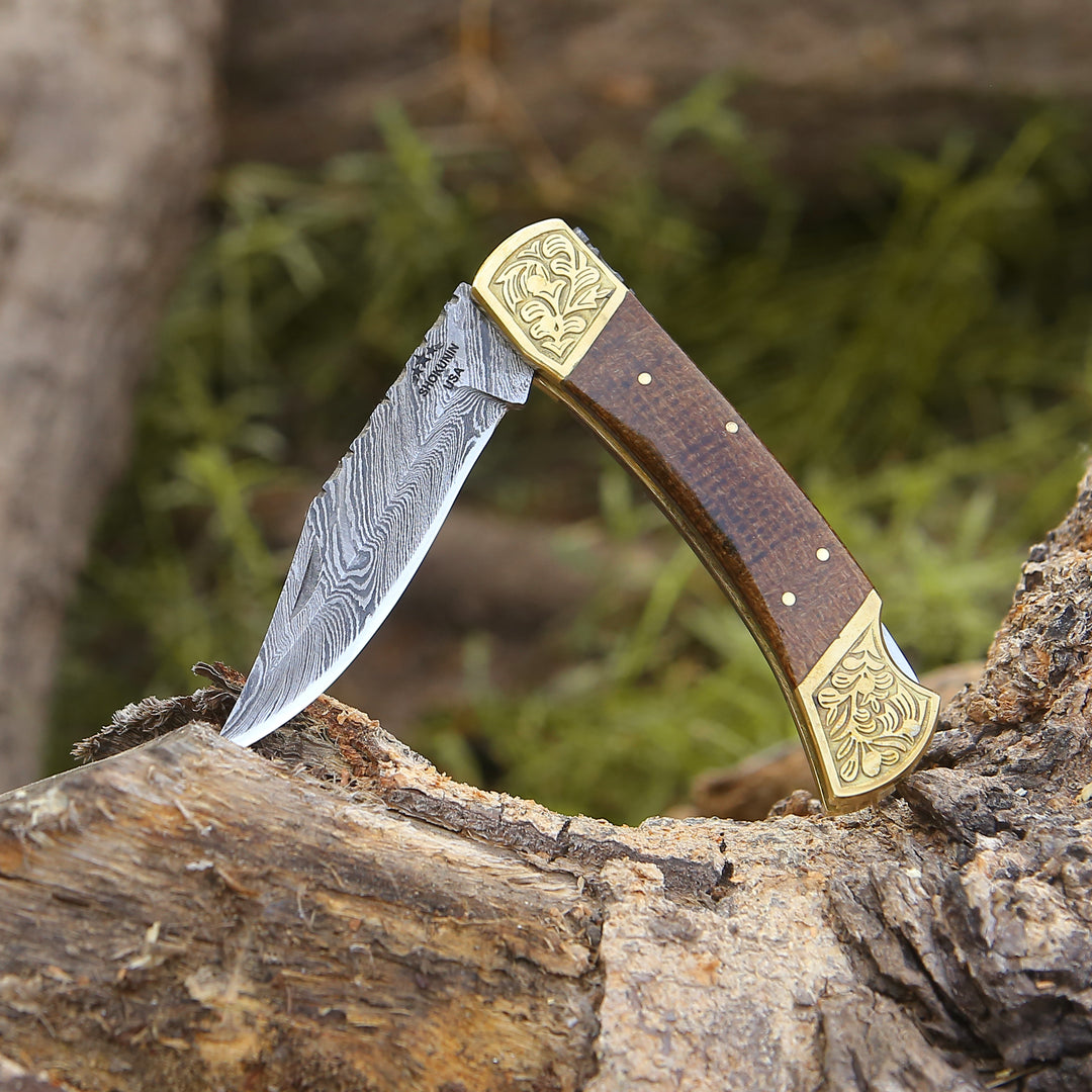 Goldshadow Handmade Damascus EDC Folding Pocket Knife with Leather Sheath & Micarta Handle