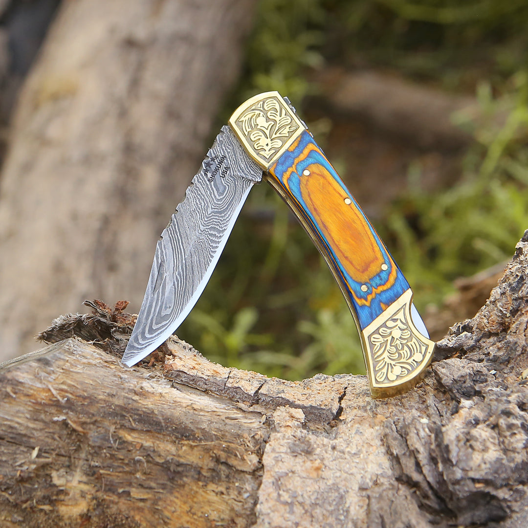 Thundersteel Handmade Damascus EDC Folding Knife with Leather Sheath & Pakkawood Handle