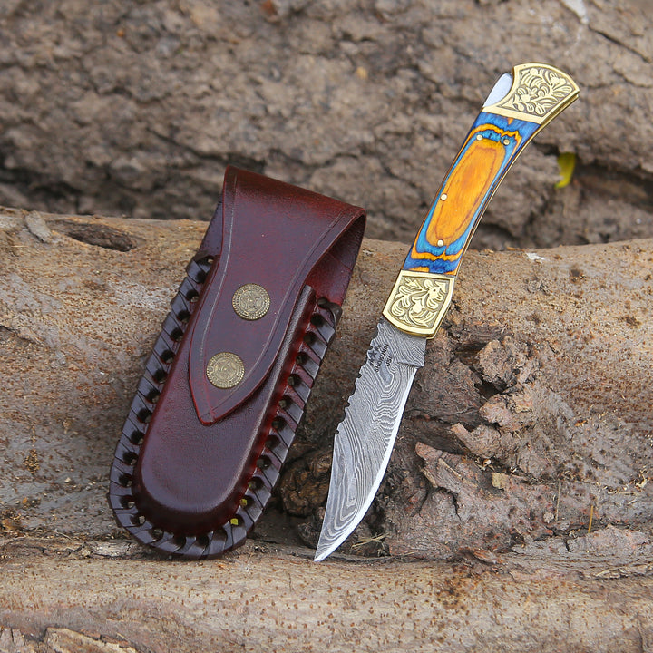 Thundersteel Handmade Damascus EDC Folding Knife with Leather Sheath & Pakkawood Handle