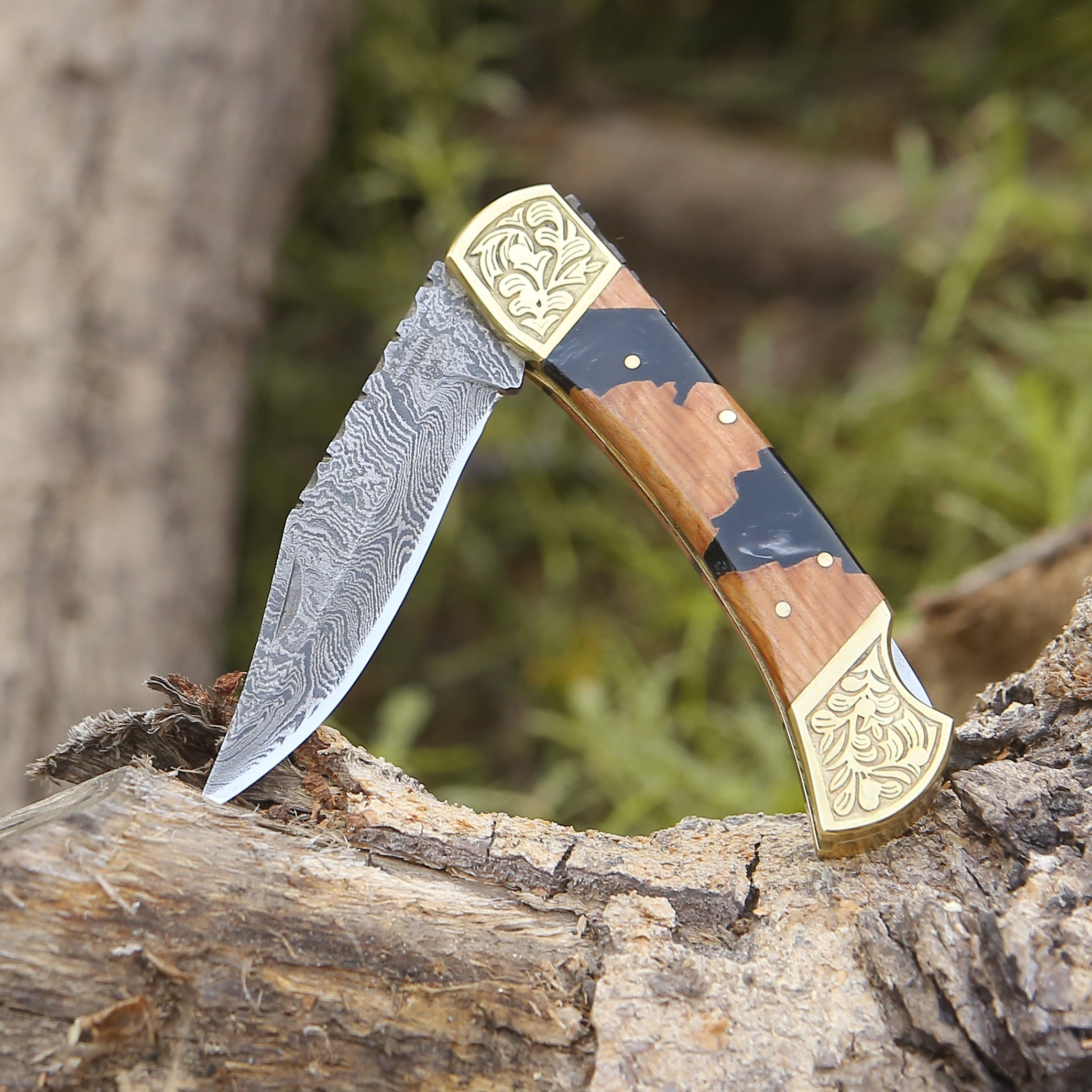 Damascus Blade custom Folding Knife w/Custom File-work, walnut wood , Steel Bolsters & store Custom Made Sheath F-94