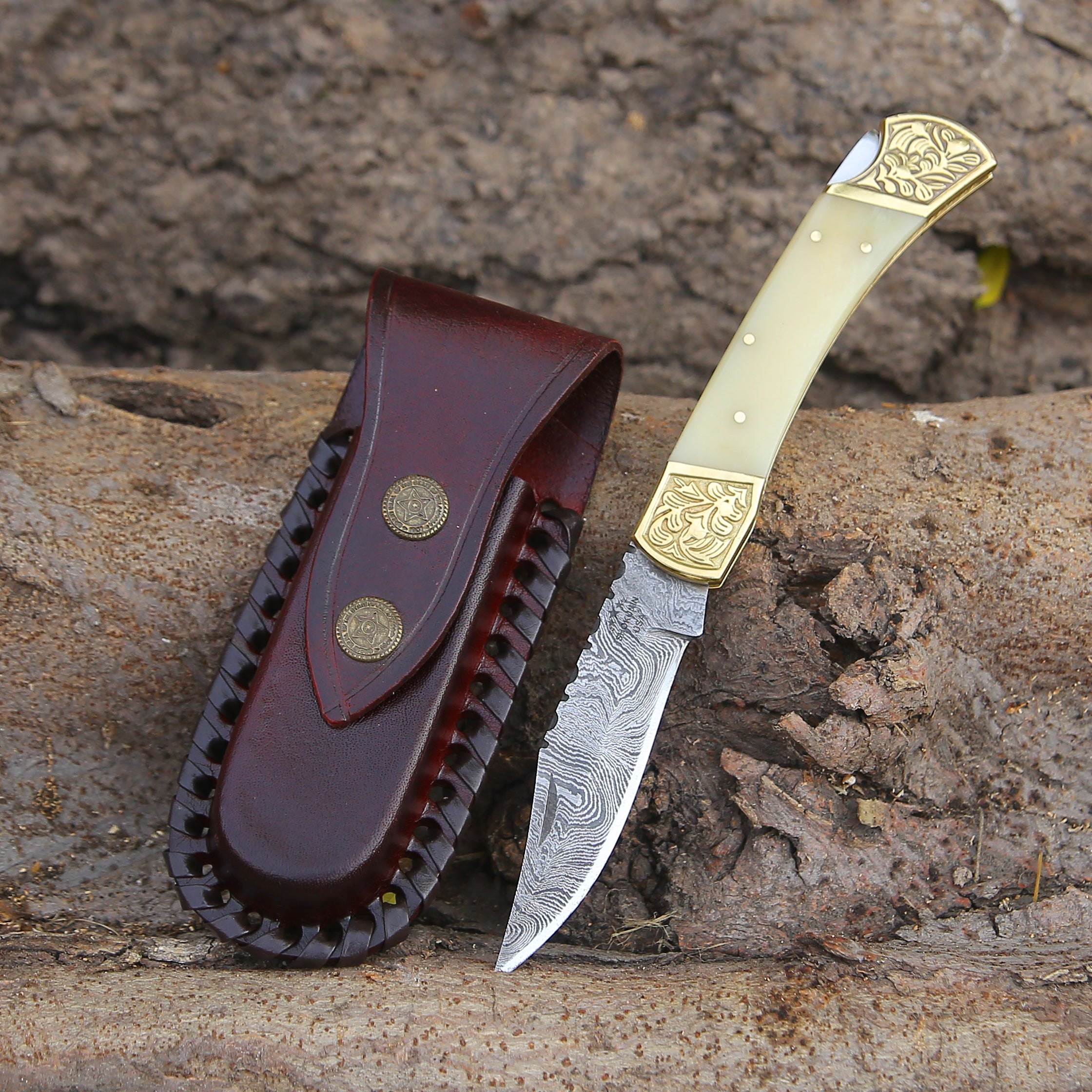 Handmade custom Damascus Steel God offers Father G-10 hunting survival knife with leather sheath