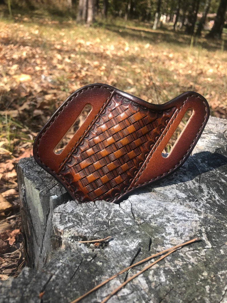  - Handcrafted Leather Pancake Holster Belt Loop - Basketweave Design - Shokunin USA