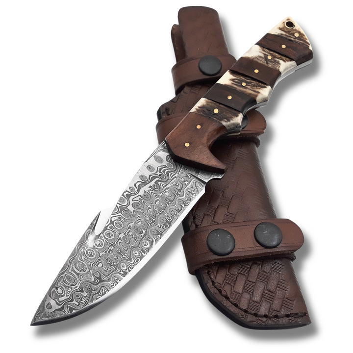 Cuchillo de caza Sentinel Gut Hook con asta y mango de mosaico de madera de rosa exótica