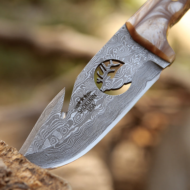 Fusion Damascus Hunting Knife with Stacked Leather handle