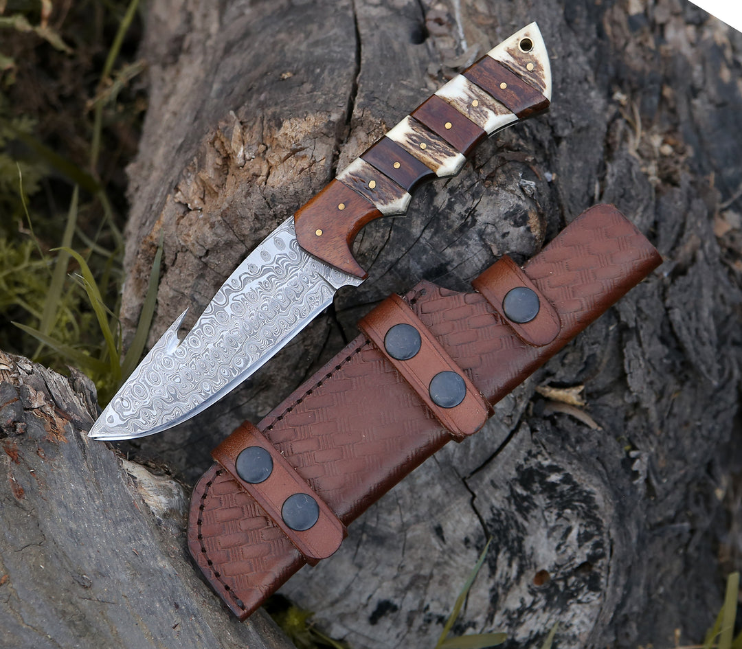 Damascus Knife - Sentinel Gut Hook Hunting Knife With Stag Horn & Exotic Rose Wood Mosaic Handle - Shokunin USA