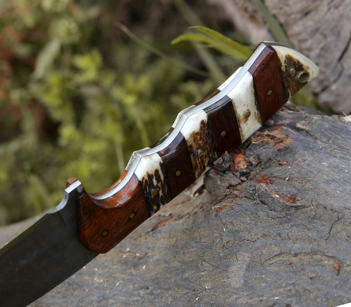 Sentinel Gut Hook Hunting Knife With Antler & Exotic Rose Wood Mosaic Handle