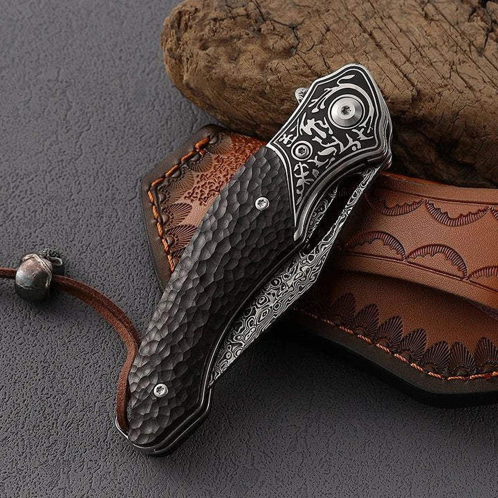 Damascus Knife - Thor Damascus Folding Knife with Exotic Ebony Wood Scales - Shokunin USA