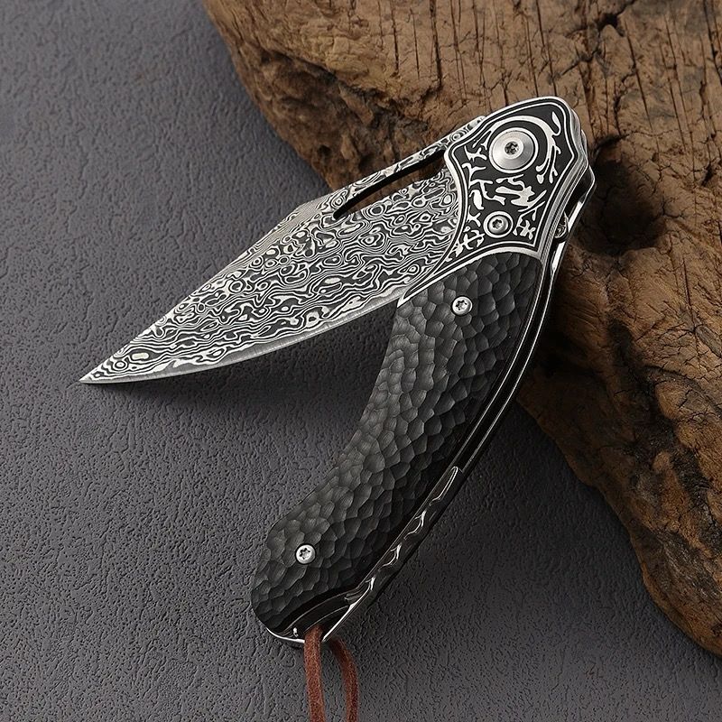 Damascus Knife - Thor Damascus Folding Knife with Exotic Ebony Wood Scales - Shokunin USA