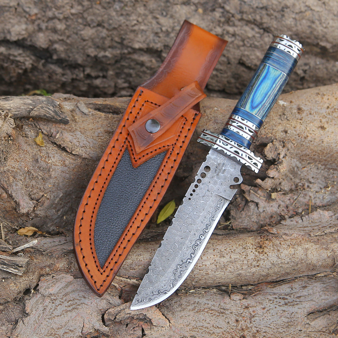 Hunting Knife - Ironclad Damascus Steel Bowie Hunting Knife with Pakkawood Handle & Sheath - Shokunin USA