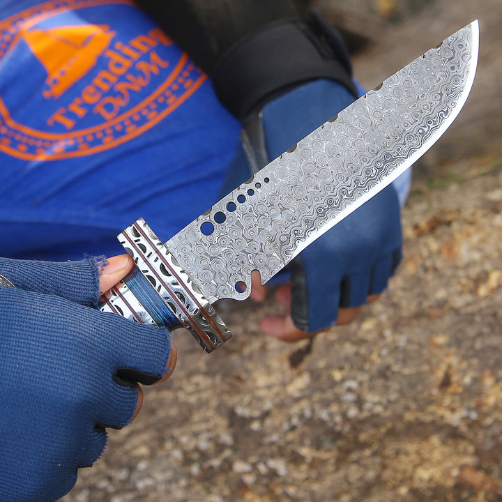 Hunting Knife - Ironclad Damascus Steel Bowie Hunting Knife with Pakkawood Handle & Sheath - Shokunin USA