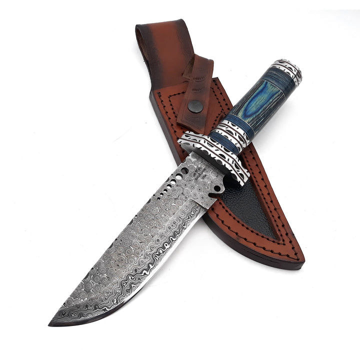 Hunting Knife - Ironclad Damascus Steel Bowie Hunting Knife with Pakkawood Handle & Sheath - Shokunin USA