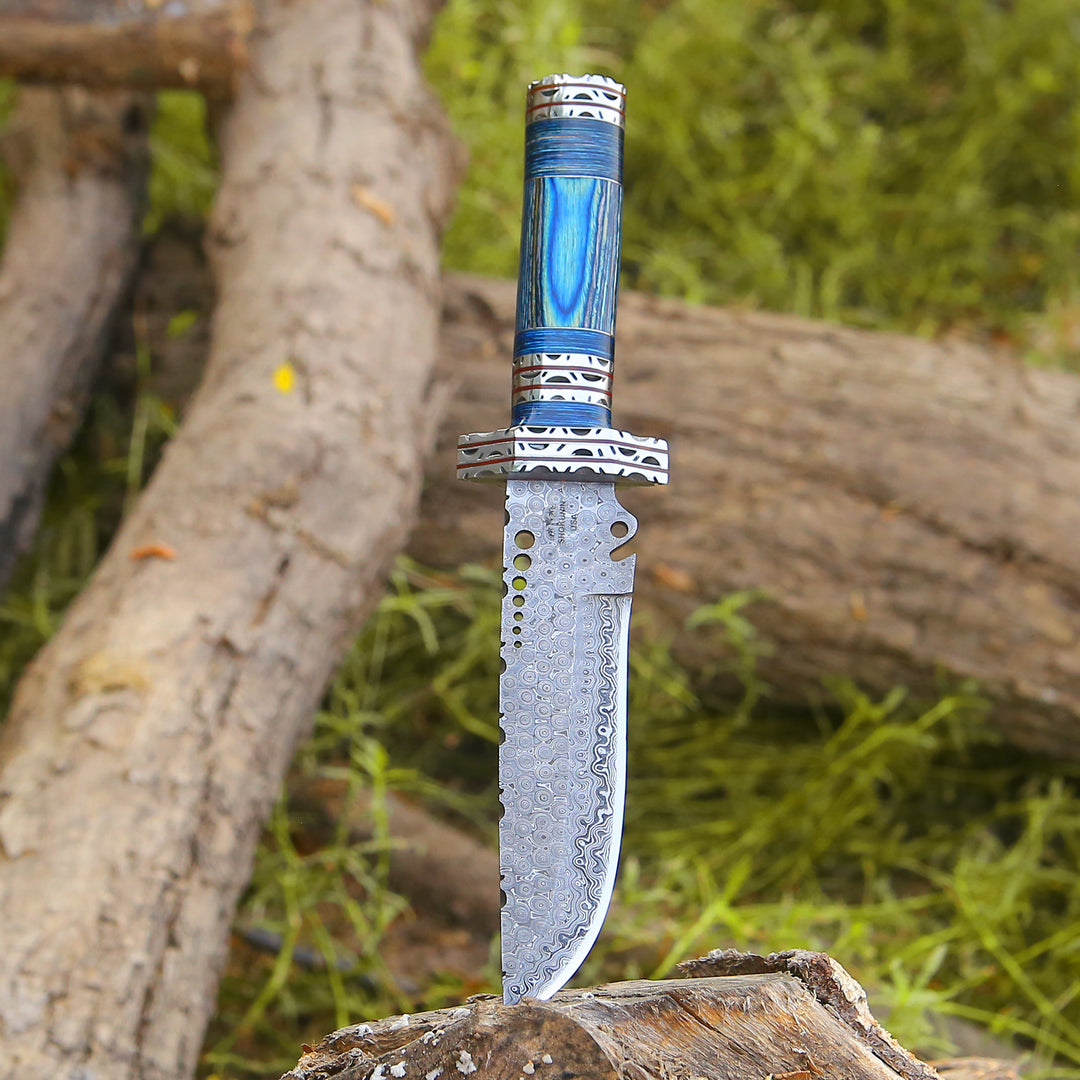 Hunting Knife - Ironclad Damascus Steel Bowie Hunting Knife with Pakkawood Handle & Sheath - Shokunin USA