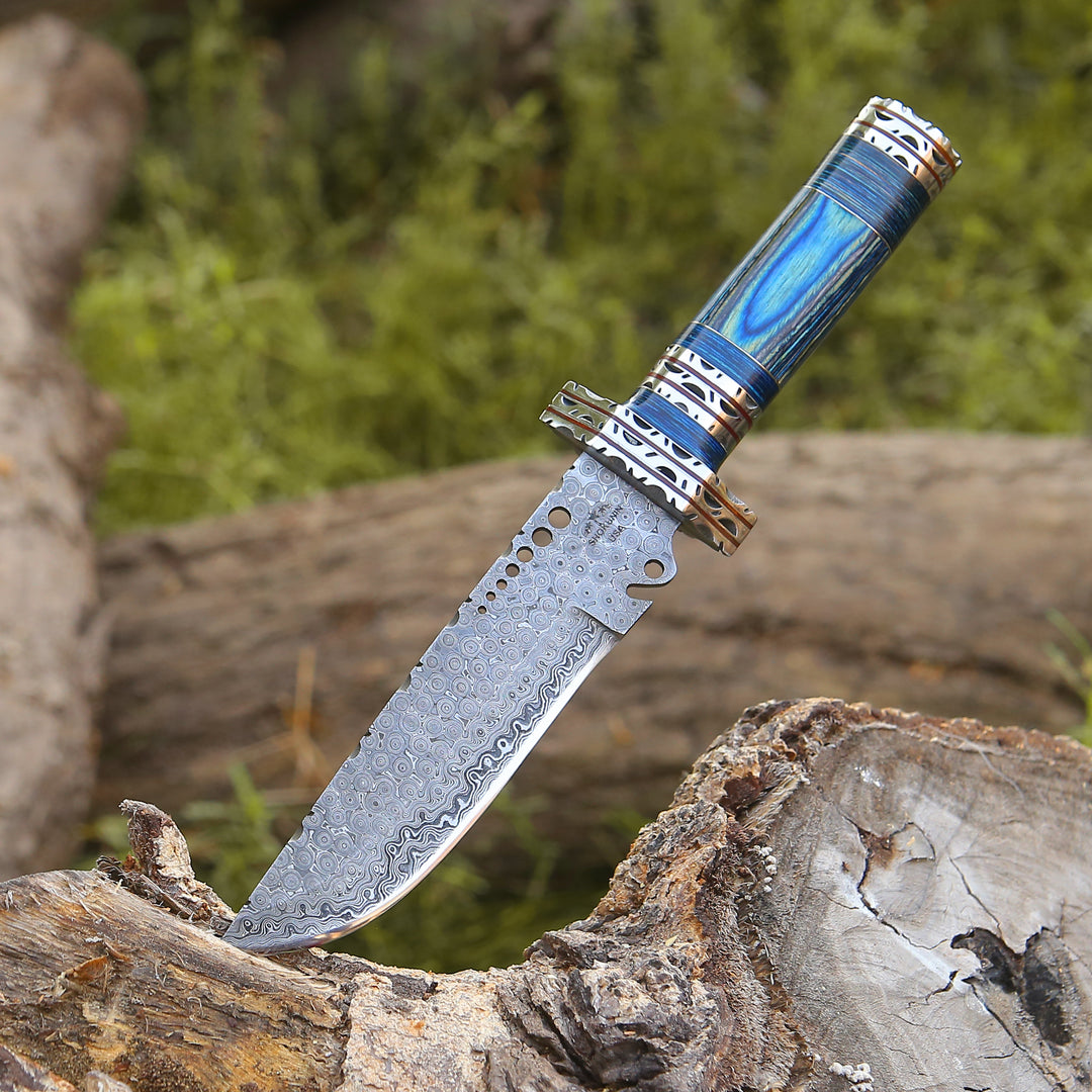 Hunting Knife - Ironclad Damascus Steel Bowie Hunting Knife with Pakkawood Handle & Sheath - Shokunin USA