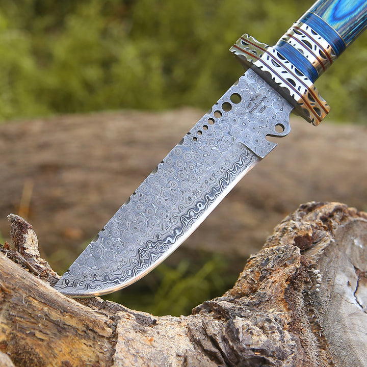 Hunting Knife - Ironclad Damascus Steel Bowie Hunting Knife with Pakkawood Handle & Sheath - Shokunin USA