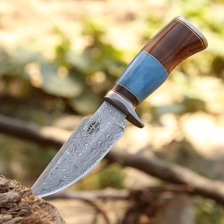 Damascus Knife - Hellfire Damascus Hunting Knife with Leather Sheath - Shokunin USA