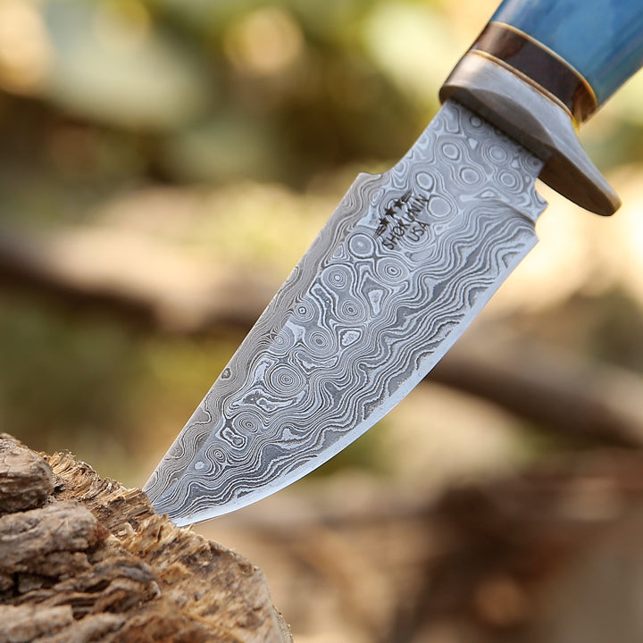 Damascus Knife - Hellfire Damascus Hunting Knife with Leather Sheath - Shokunin USA