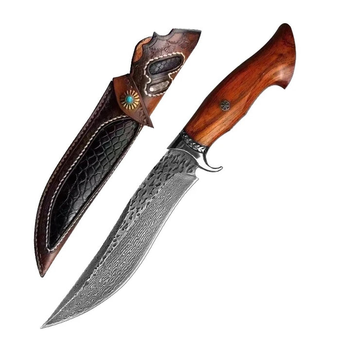 Cuchillo de caza Champion Damascus con mango de hueso y madera de rosa exótica