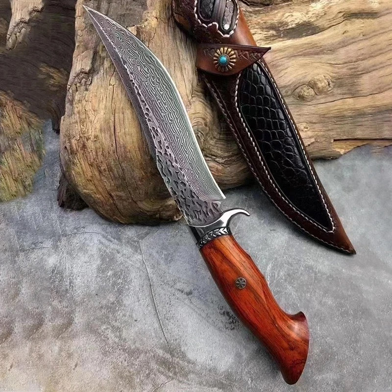 COLTELLO DA CACCIA DAMASCO, Coltello Bowie, Coltello fatto a mano personalizzato, Manico in osso di legno di rosa esotico, Bushcraft, Sopravvivenza, Full Tang - Personalizzato