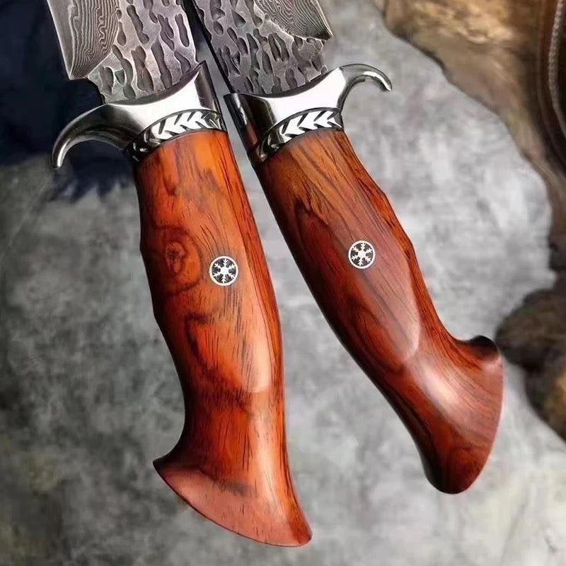 Cuchillo de caza Champion Damascus con mango de hueso y madera de rosa exótica