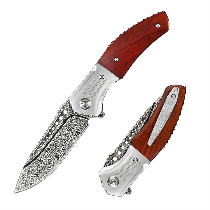 Pocket Knife - Ironbark Japanese Pocket Knife With VG-10 Damascus & Exotic Red Sandalwood Handle, Clip & Sheath - Shokunin USA