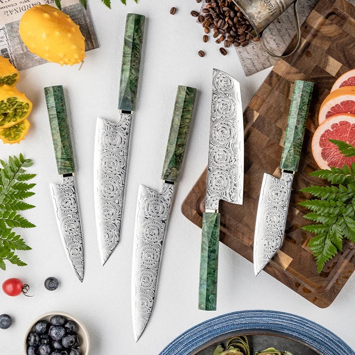 Chef Knife Set - Onyx Japanese Knife Set for Kitchen 5 Pc with VG-10 Mosaic Damascus Steel 67 Layers and Exotic Stained Maple Burl Wood Handle - Shokunin USA