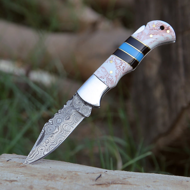 Damascus Knife - Centurion Damascus Pocket Knife with Sheath - Shokunin USA