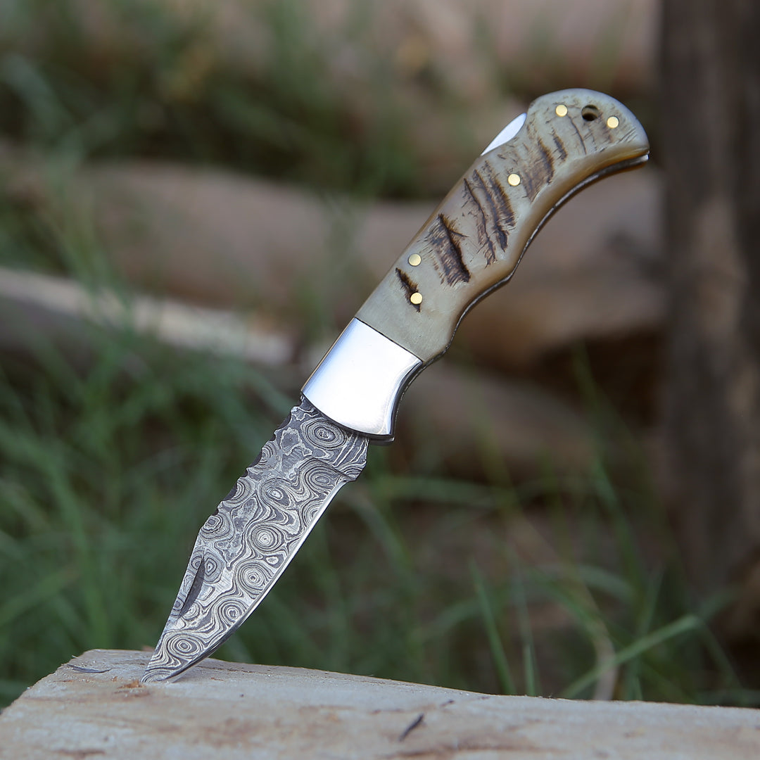 Damascus Knife - Ram Damascus Pocket Knife with Exotic Ram Horn Handle & Leather Sheath - Shokunin USA