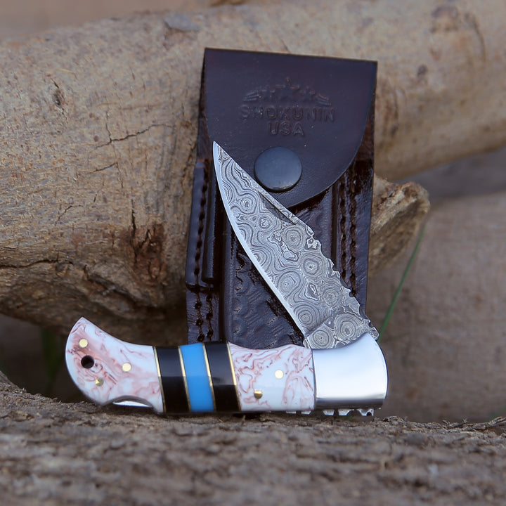Damascus Knife - Centurion Damascus Pocket Knife with Sheath - Shokunin USA