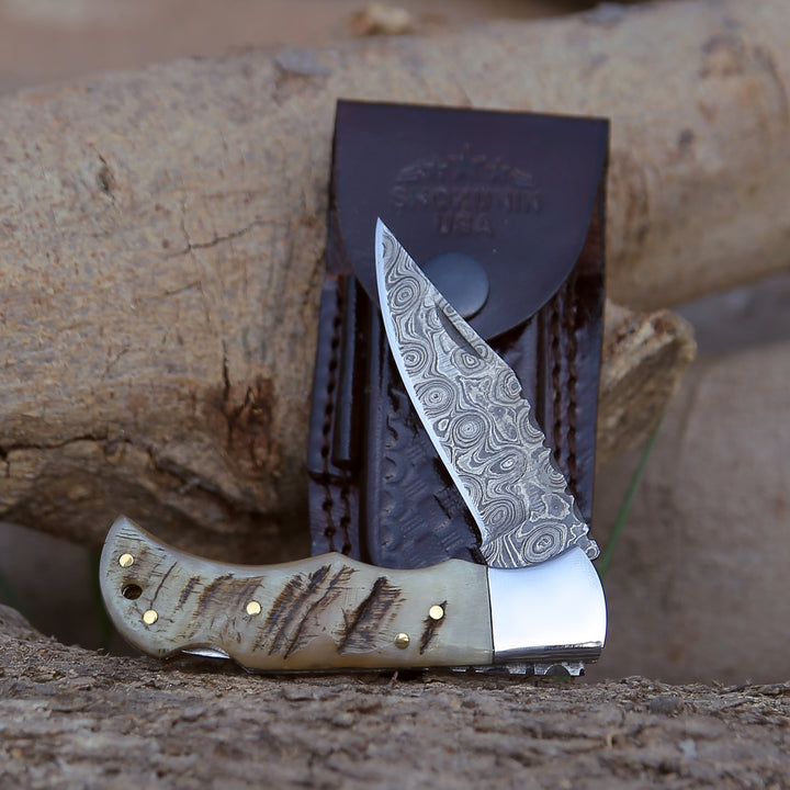 Damascus Knife - Ram Damascus Pocket Knife with Exotic Ram Horn Handle & Leather Sheath - Shokunin USA