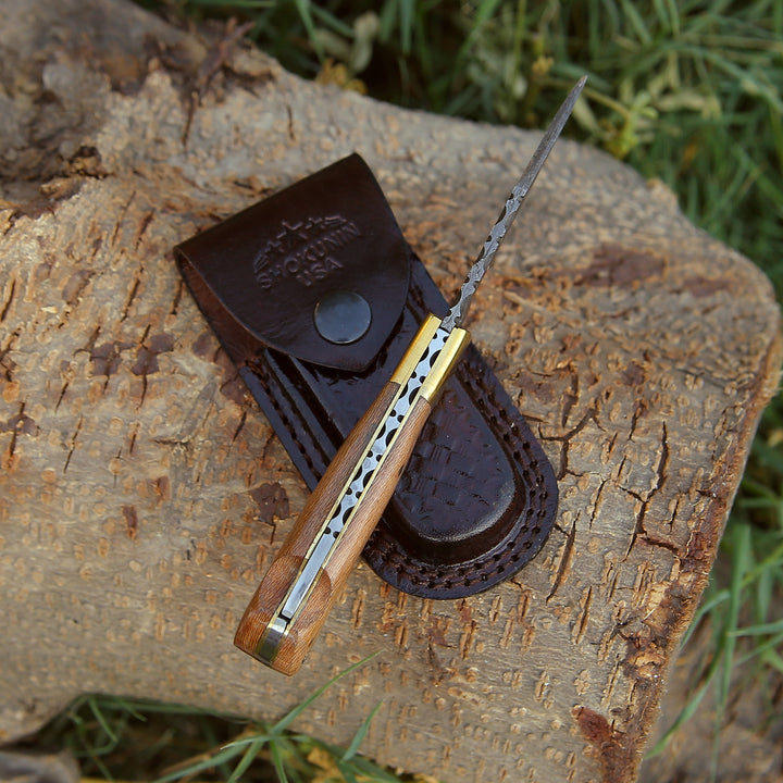 Pocket Knife - Kepler Damascus Pocket Knife with Exotic Leopard Wood Handle - Shokunin USA
