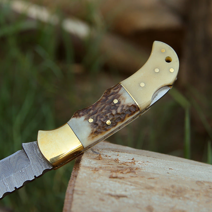 Pocket Knife - Antler Edge Damascus Pocket Knife with Staghorn & Bone Handle - Shokunin USA