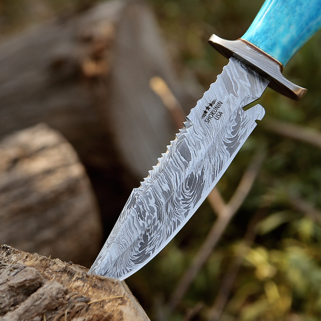 Damascus Knife - Behemoth 7.0" Damascus Steel Handmade Hunting Knife with Bone Handle - Shokunin USA