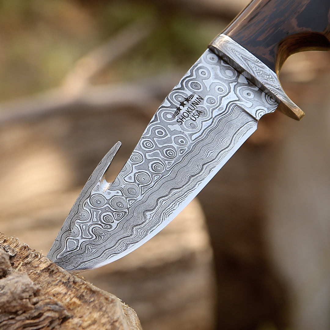 Damascus Knife - Captain Damascus Hunting Knife with Gut Hook & Exotic Wenge Wood Handle - Shokunin USA