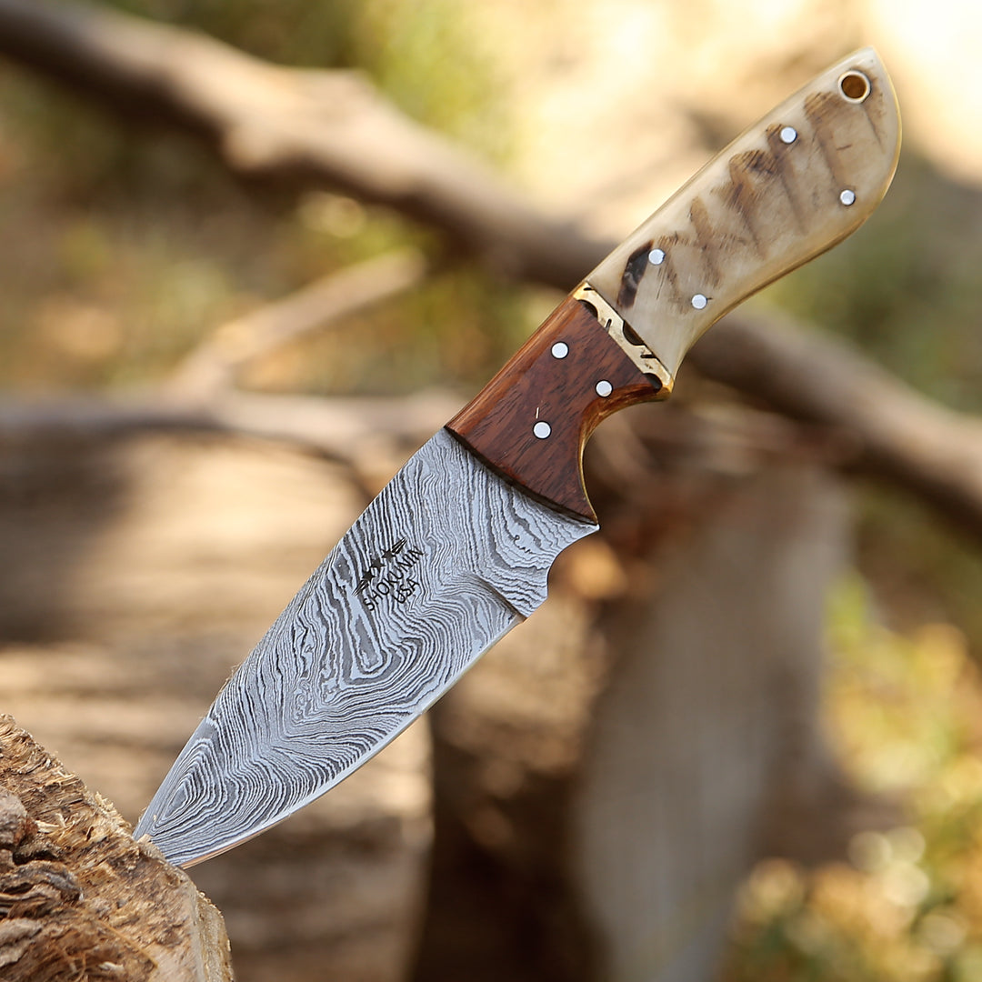 Utility Knife - Starlight Damascus Hunting Knife with Exotic Rosewood & Ram Horn Handle - Shokunin USA