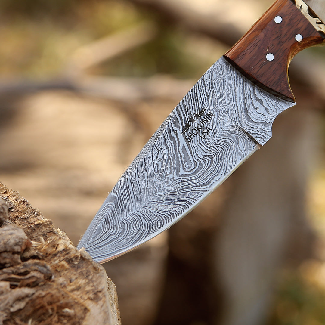Utility Knife - Starlight Damascus Hunting Knife with Exotic Rosewood & Ram Horn Handle - Shokunin USA
