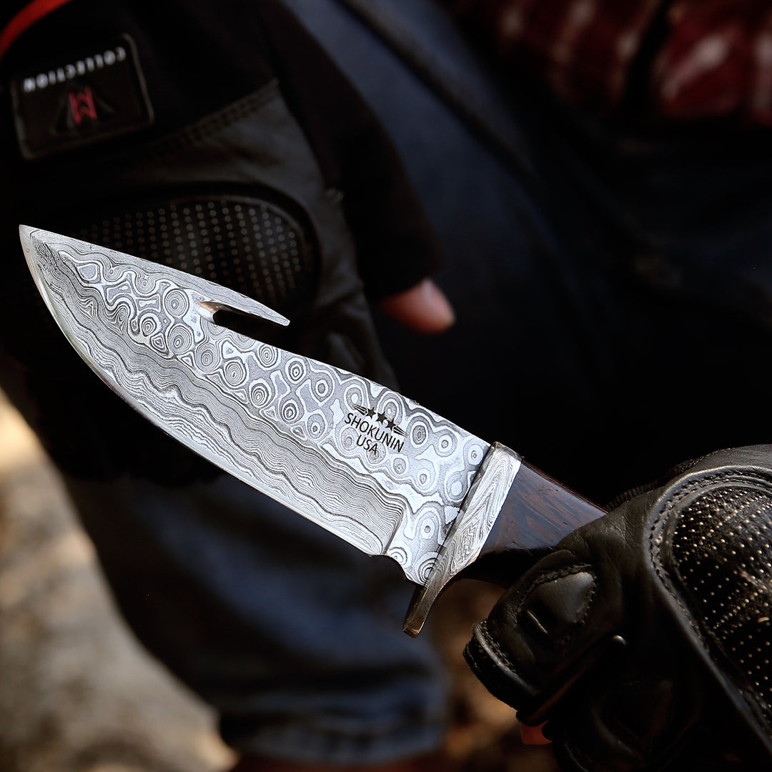 Damascus Knife - Captain Damascus Hunting Knife with Gut Hook & Exotic Wenge Wood Handle - Shokunin USA