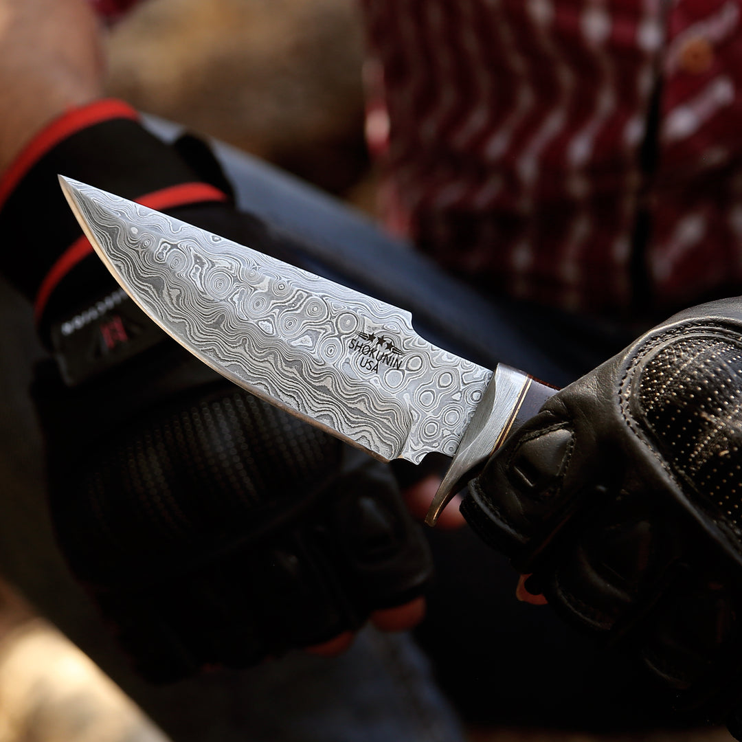 Damascus Knife - Champion Hunting Knife with Exotic Rosewood & Bone Handle - Shokunin USA