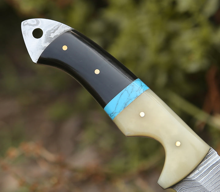 Synapse Damascus Hunting Knife with Gut Hook Horn & Turquoise Handle
