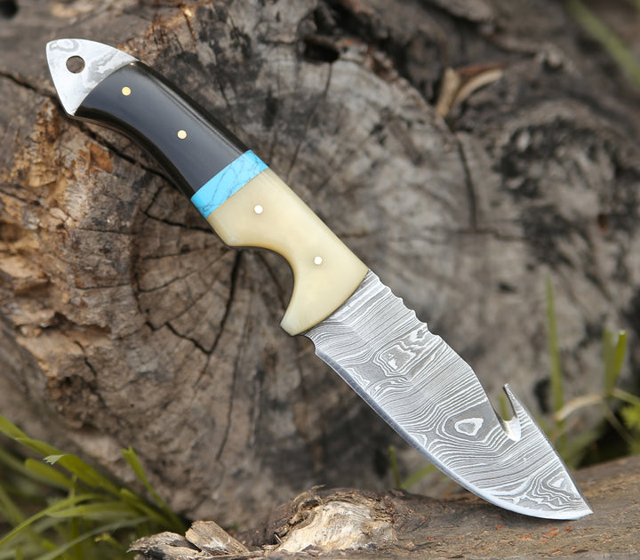 Gut Hook Fishing Knife - Synapse Damascus Hunting Knife with Gut Hook Horn & Turquoise Handle - Shokunin USA