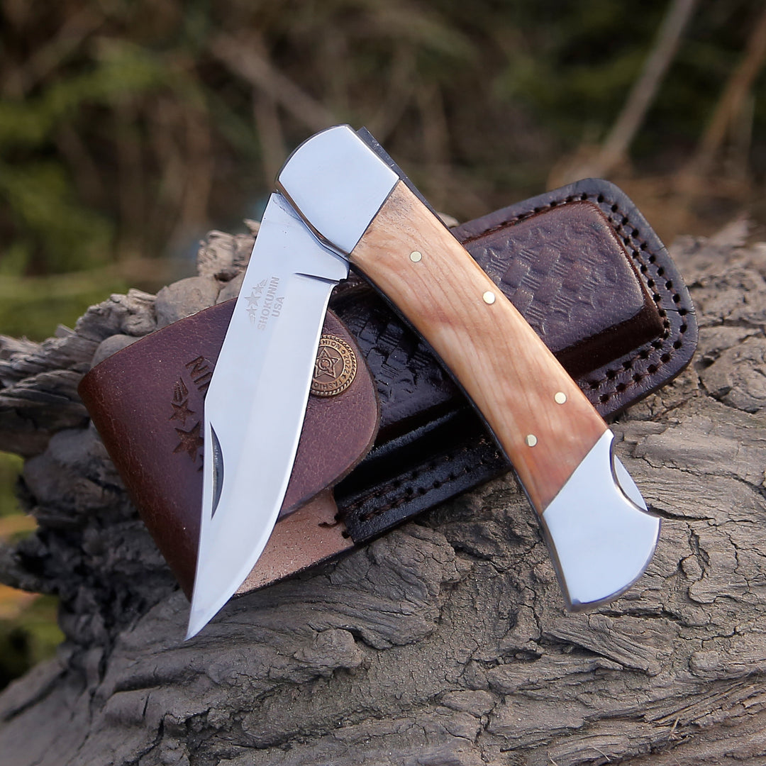 Pocket knife - Pocket Knife with Exotic Olive Wood Handle & Sheath Personalized - Shokunin USA