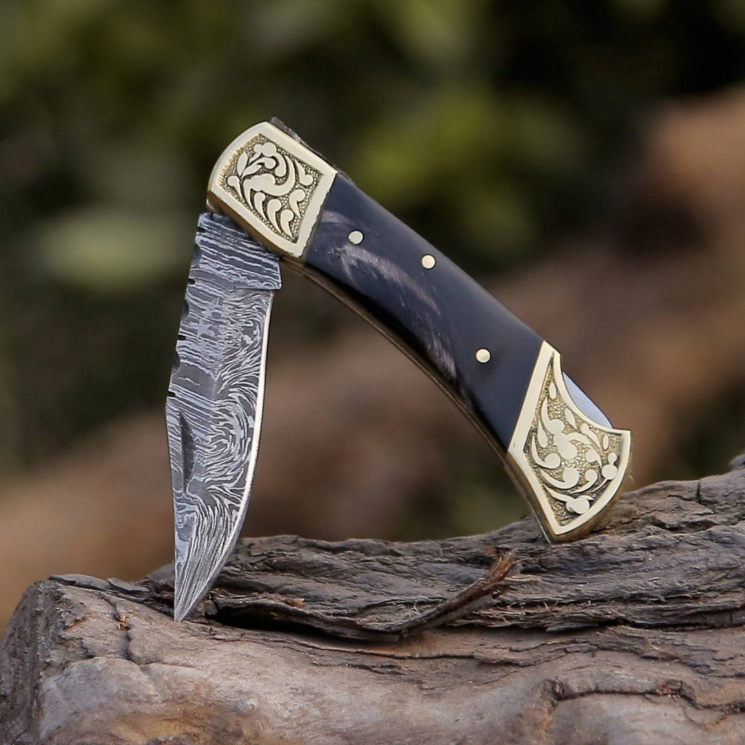 Gentleman's folder with case - Expedition Damascus Pocket Knife with Pakka Wood Handle - Shokunin USA