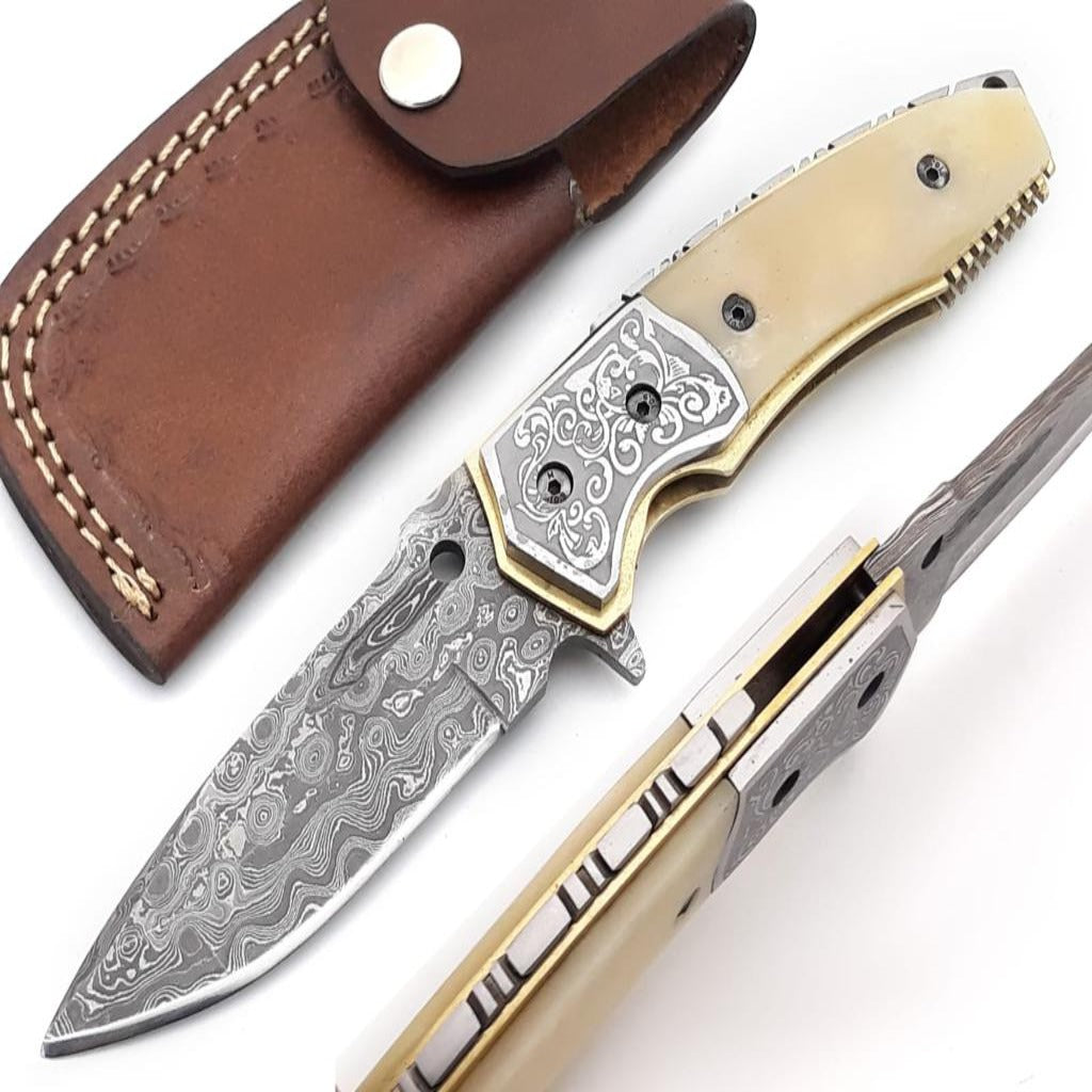 Damascus Knife - Trailblazer Damascus Pocket Knife with Bone Handle - Shokunin USA