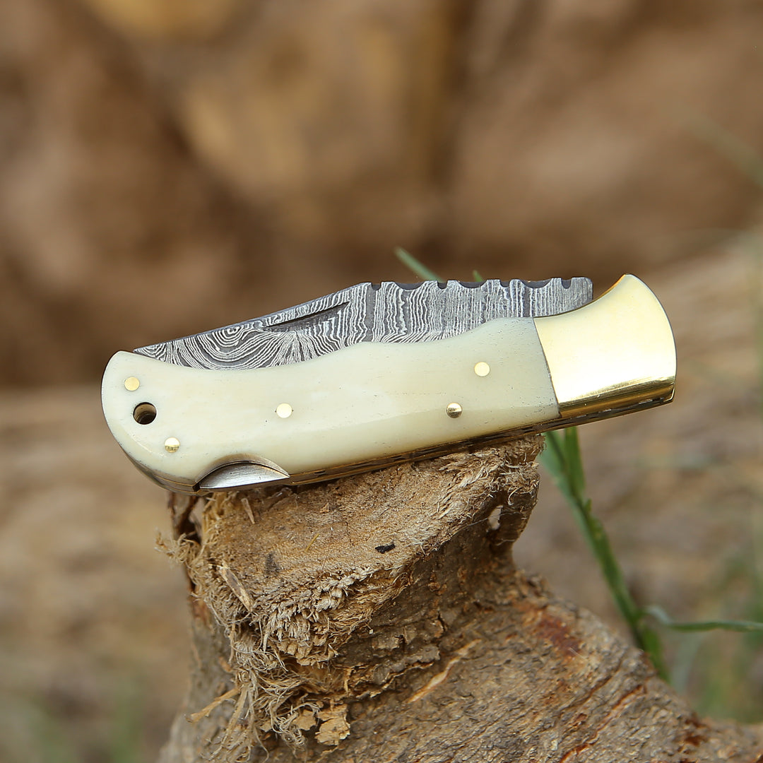 Damascus Knife - Cosmo Handmade Damascus Pocket Knife with Bone Handle - Shokunin USA