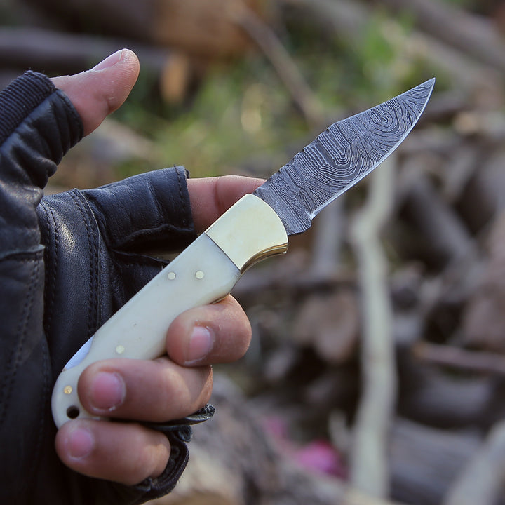 Damascus Knife - Cosmo Handmade Damascus Pocket Knife with Bone Handle - Shokunin USA